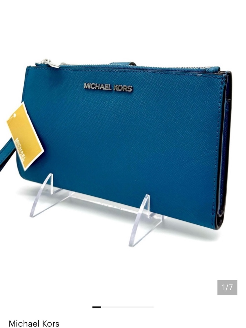 Michael Kors Teal Saffiano Zip Wristlet with Silver Hardware
